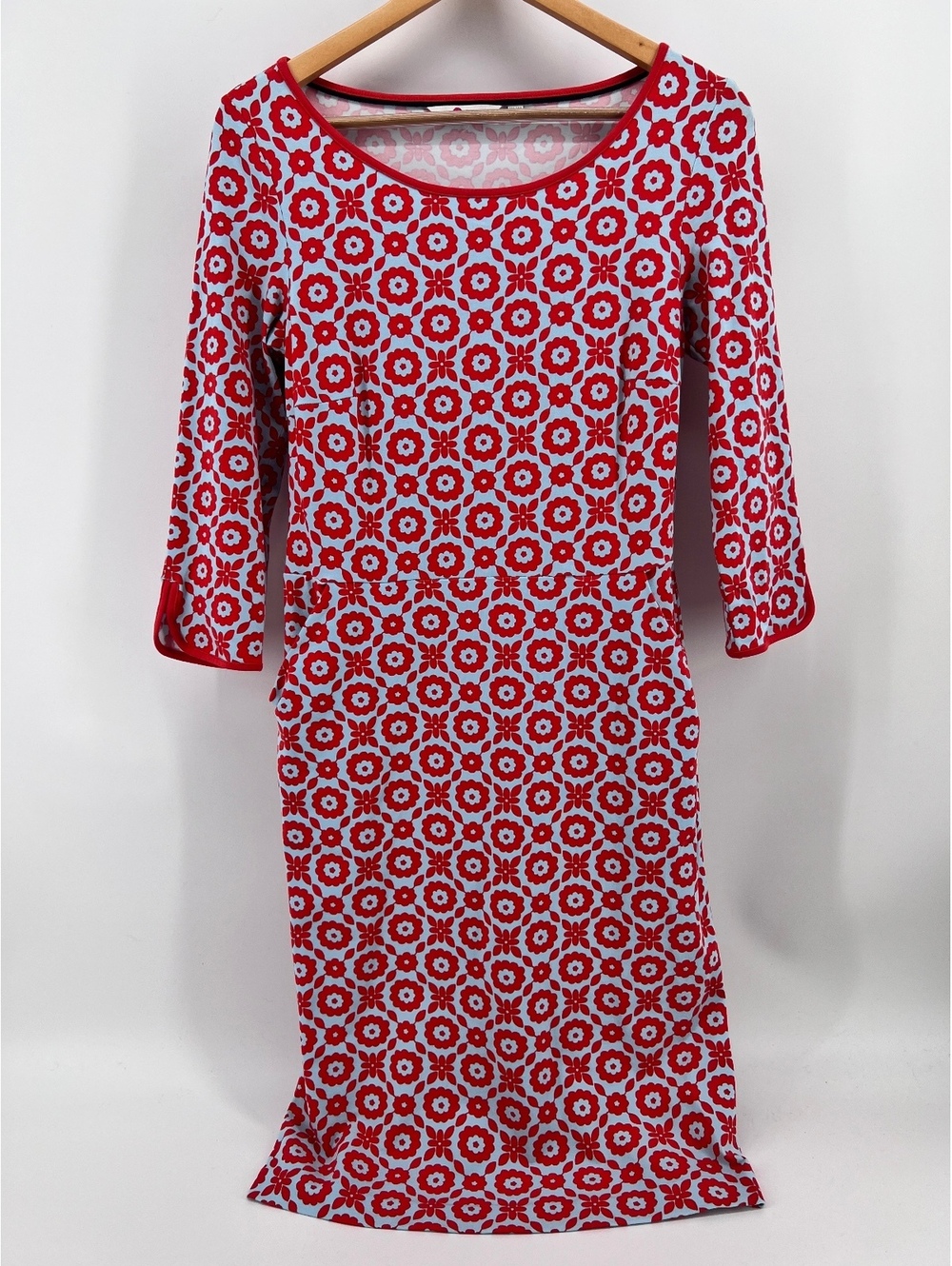 Boden Dress Womens 6R Coral Red Blue Floral Geo Sheath 3/4 Sleeve Cotton Stretch
